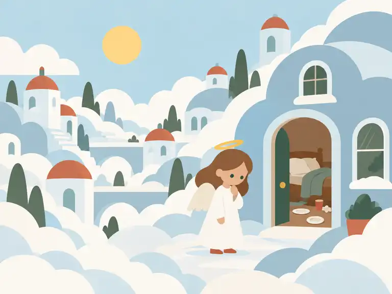 A young angel in a cloud city learning to care for her home and wings