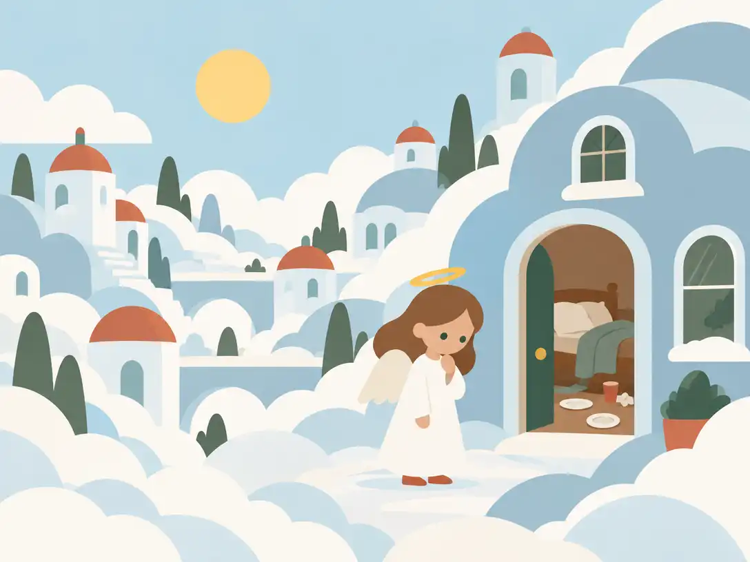 A young angel in a cloud city learning to care for her home and wings