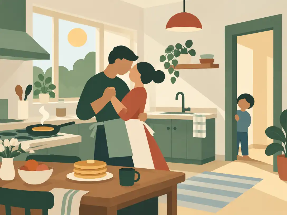 A family sharing pancakes together in a warm kitchen