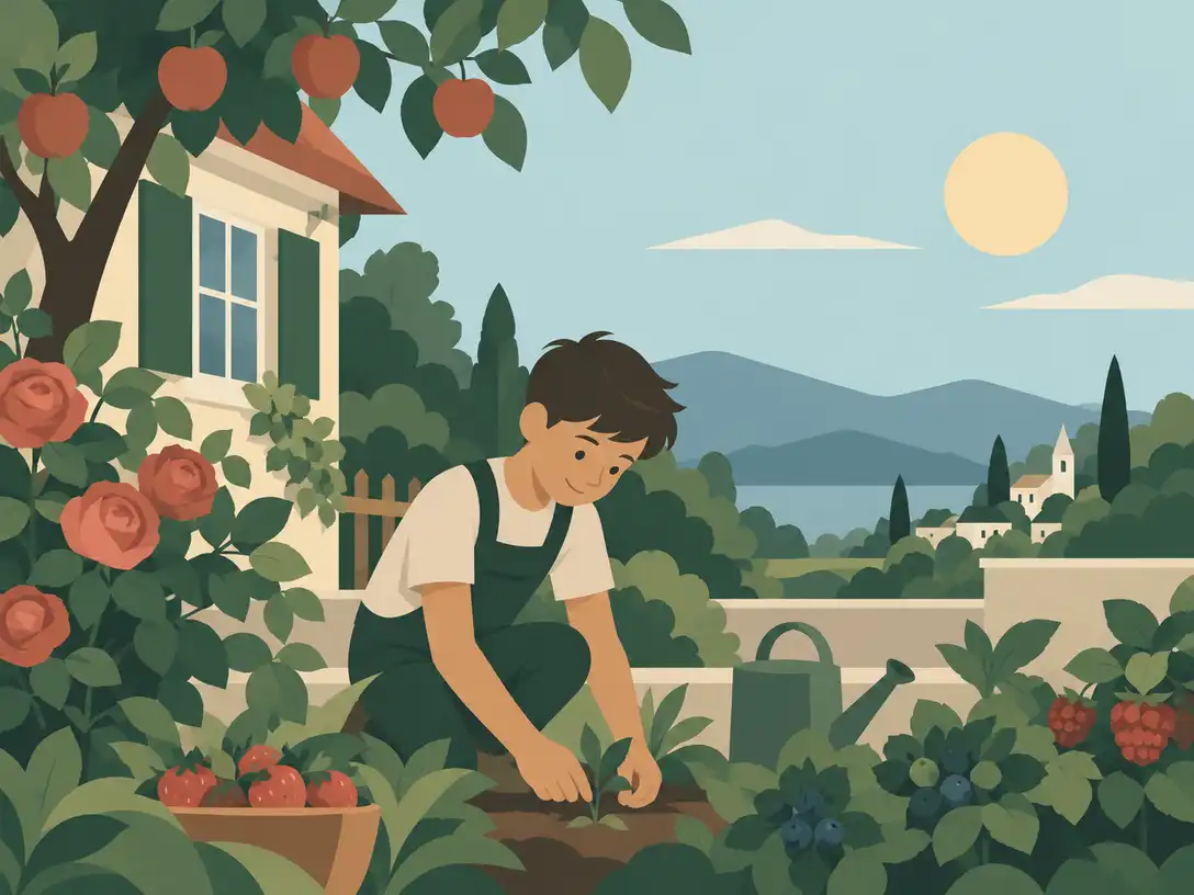 Pedro tending strawberries and berry bushes in a sunny garden